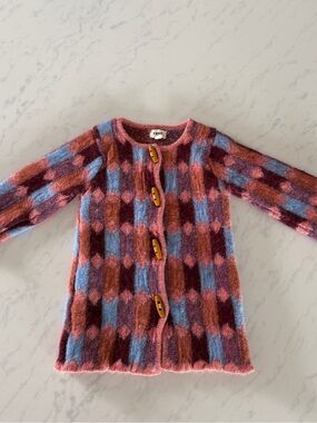 Oeuf Pink, Blue & Burgundy Patterned Mohair Cardigan